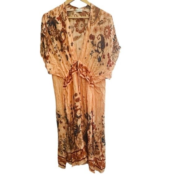Wonderly Boho Viscose Swim Cover-Up One Size Peach Floral Paisley Kimono Chic - Picture 11 of 11